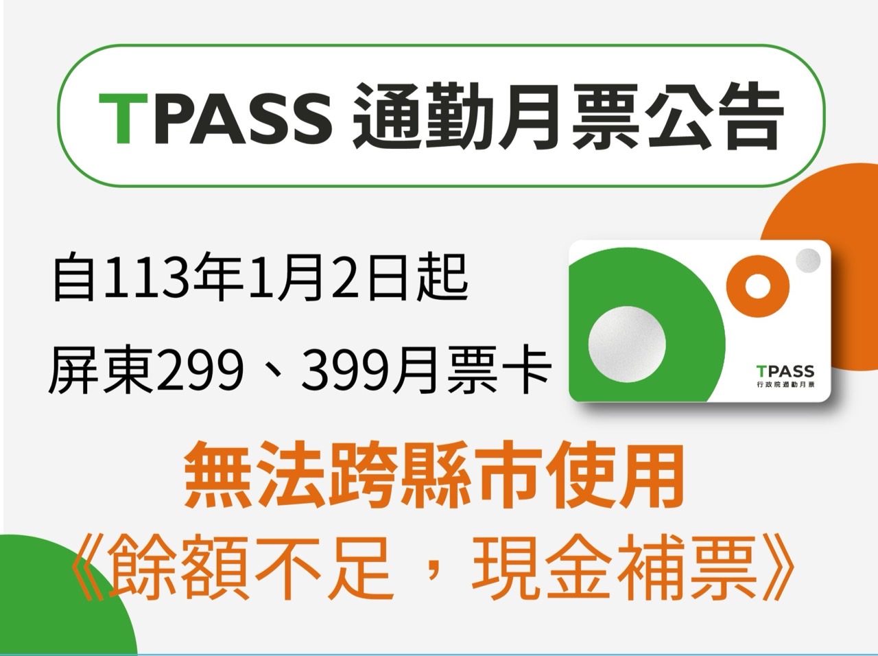 自113年1月2日起屏東299及399月票卡無法跨縣市使用